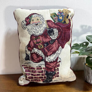 Vintage Tapestry Pillow Santa Claus Bag of Toys Chimney Rooftop Christmas USA